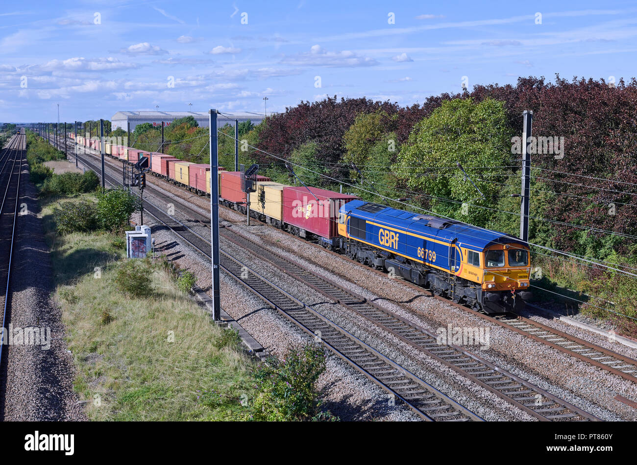 GBRf 66769 heads a Selby to Felixstowe North intermodal through Werrington Junction on the East Coast Mainline on 24/09/18. Stock Photo