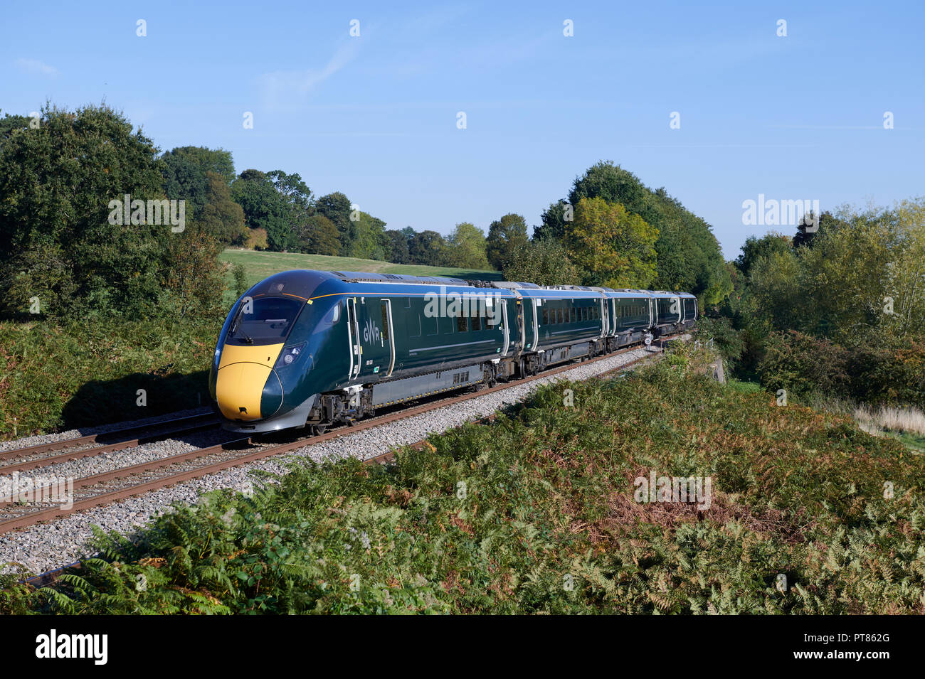 GWR Great Western Railway 800 028 heads through Malvern with a Paddington – Hereford service on 25th September 2018. Stock Photo