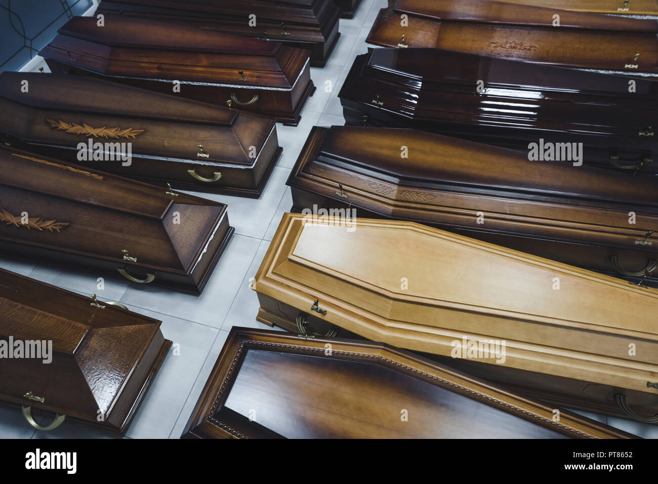 Coffins in the funeral shop Stock Photo
