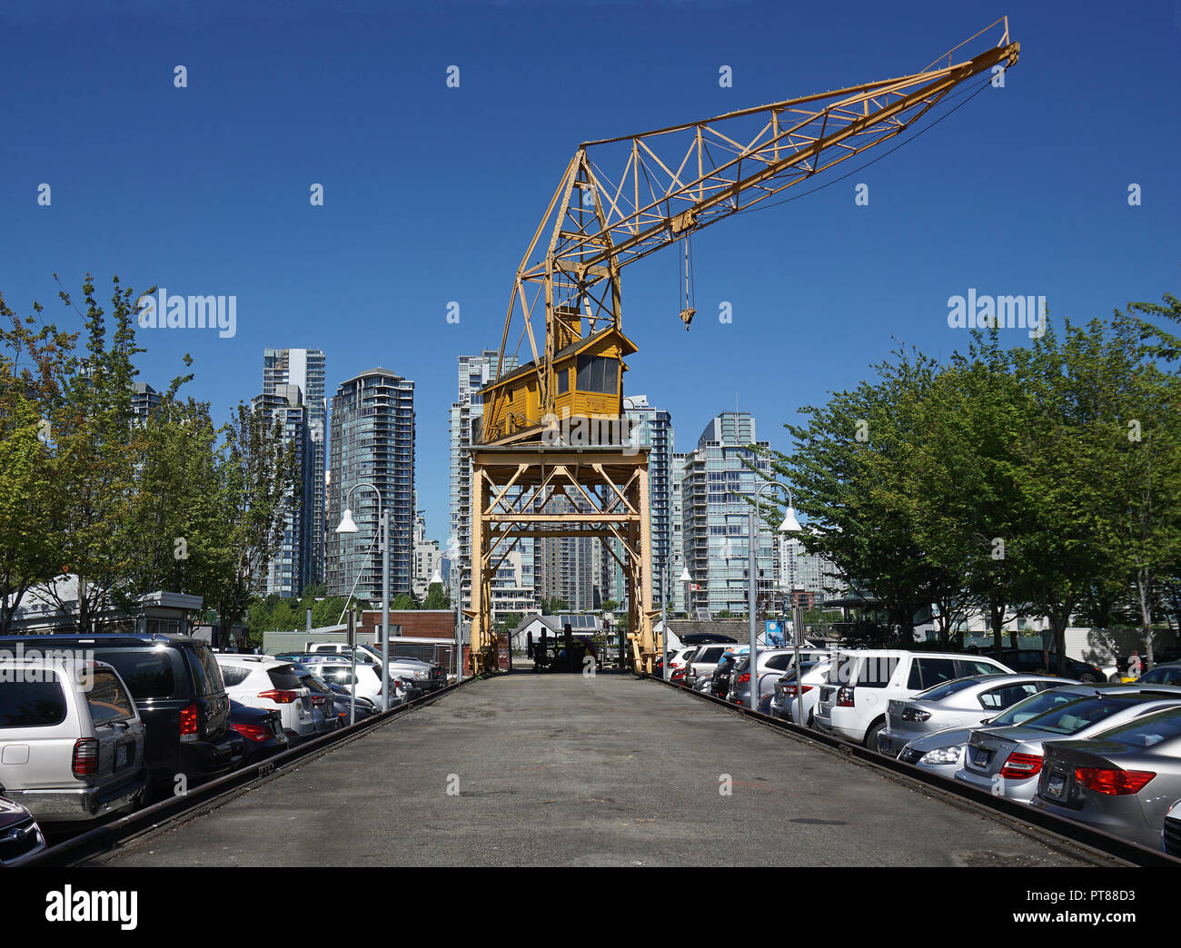 Big yellow crane on Granville sland, Vancouver, Canada Stock Photo