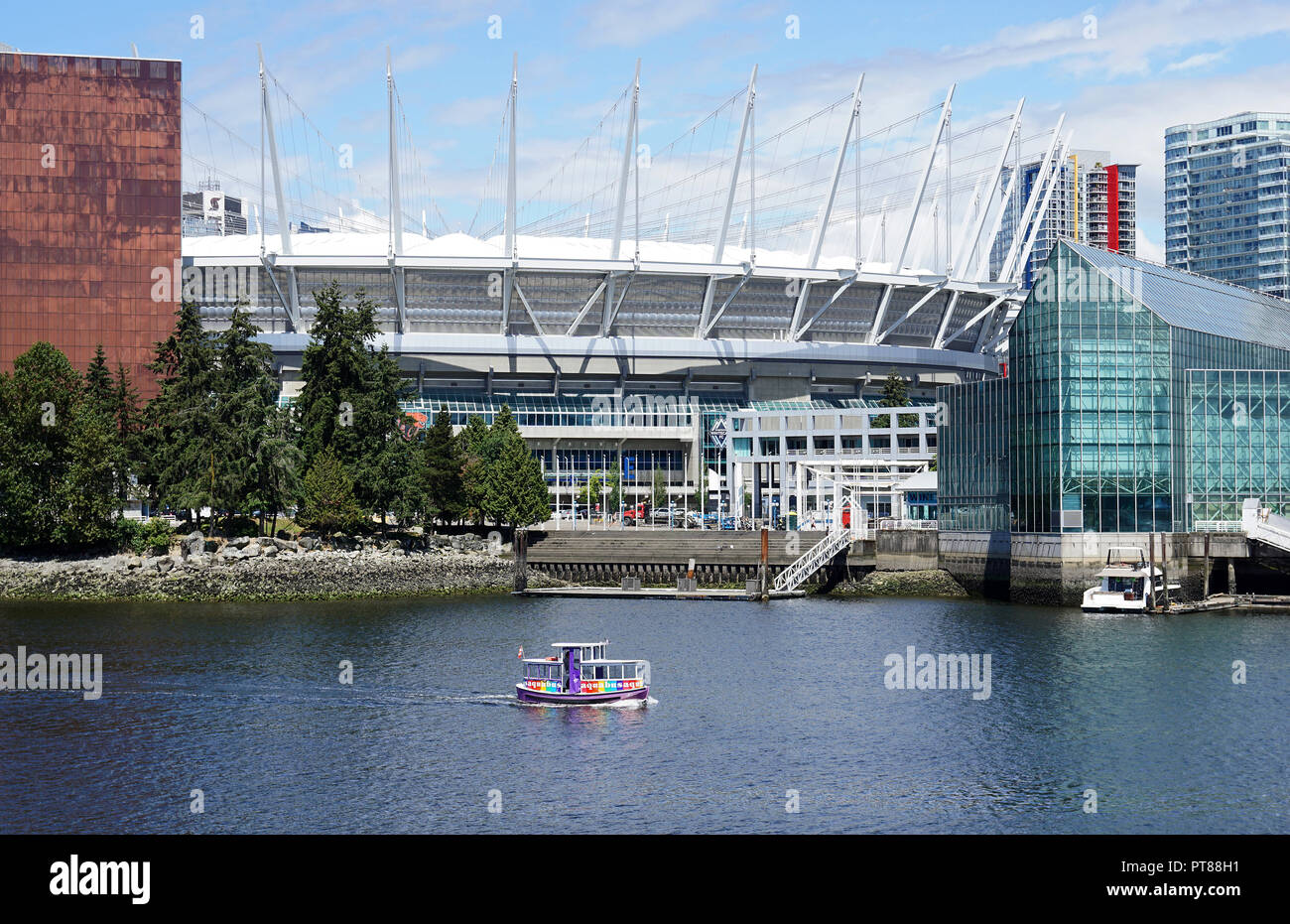 Aquabus in front of BC Place Stadium, False Creek, Vancouver, Canada Stock Photo
