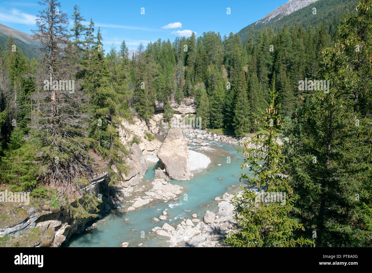 The Inn River near S-chanf in the Maloja Region in the Swiss canton of Graubünden. Stock Photo