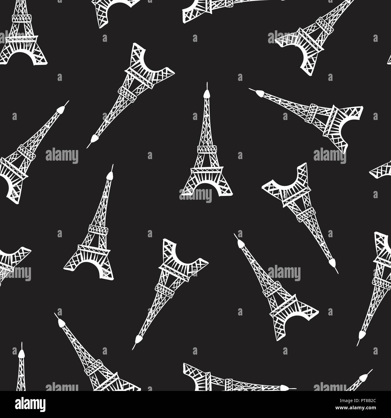 Seamless pattern. Modern design print fabric. Illustration white ink Eiffel Tower. Abstract ornament hand drawing. Vector illustration is isolated on a black ground. Stock Vector