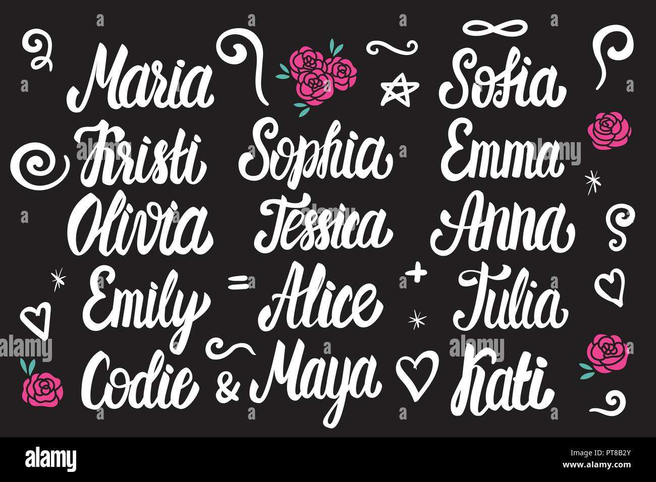 Set of female names. Lettering white vintage style isolated on dark background. Stock Vector
