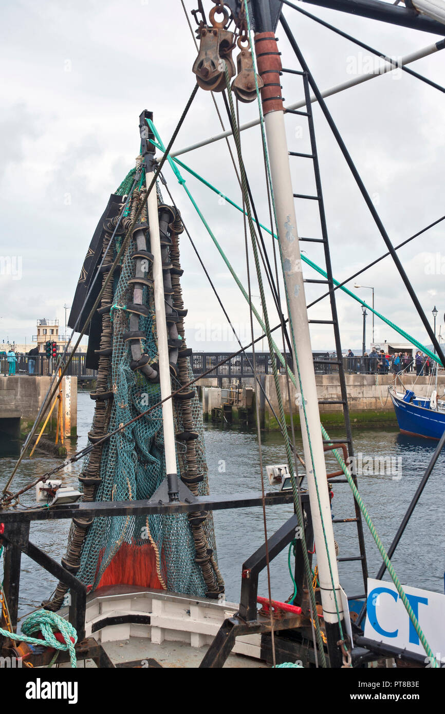 Fishing vessels and nets, inner harbour, Peel, Isle of Man Stock Photo Alamy