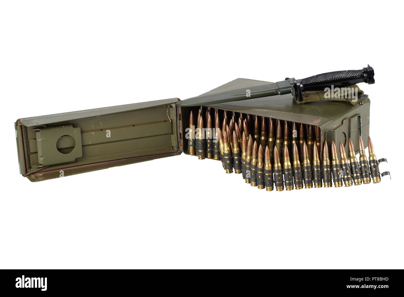 .30 Cal Metal Ammo Can with ammunition belt isolated on white Stock