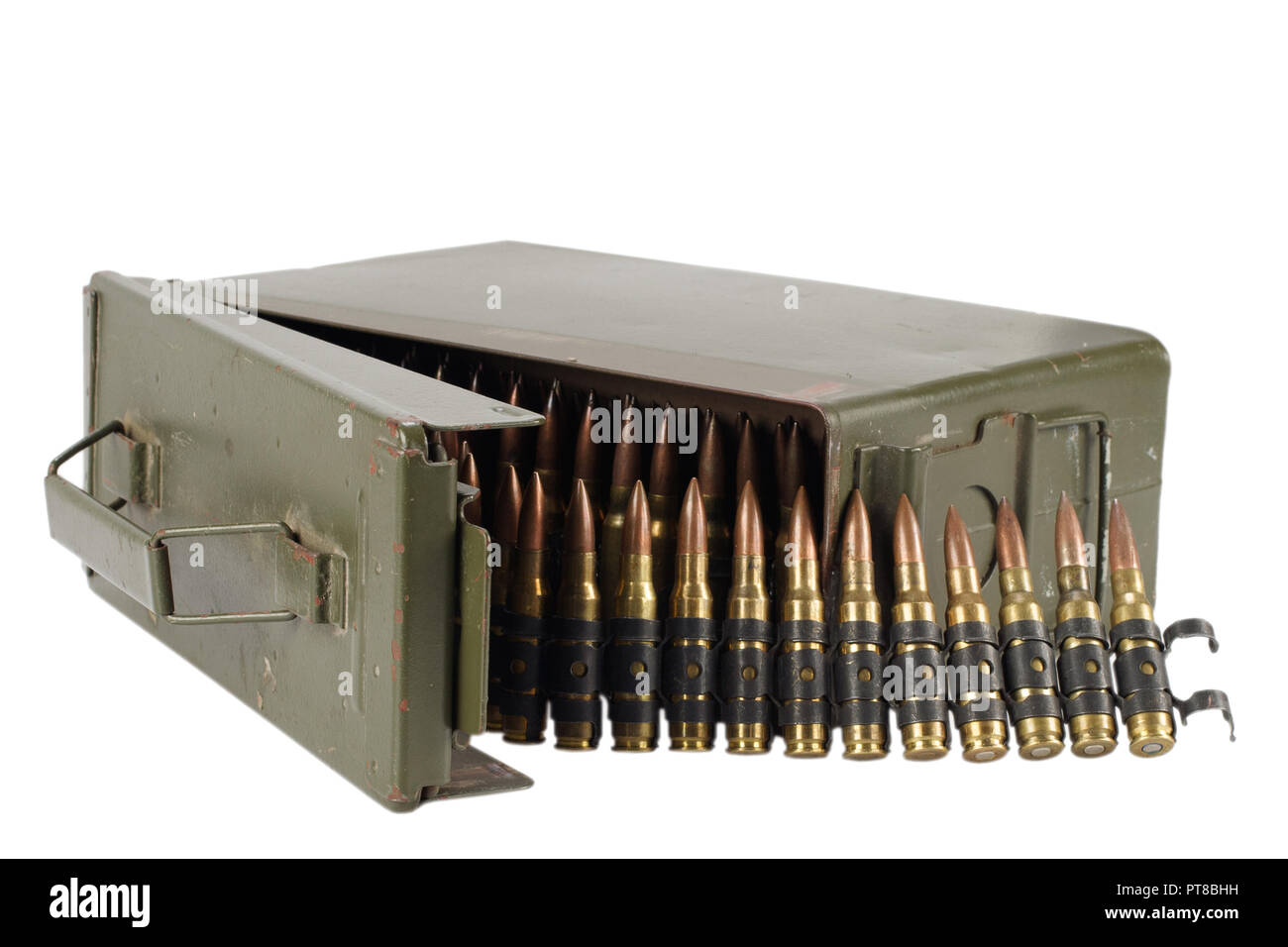 .30 Cal Metal Ammo Can with ammunition belt isolated on white Stock