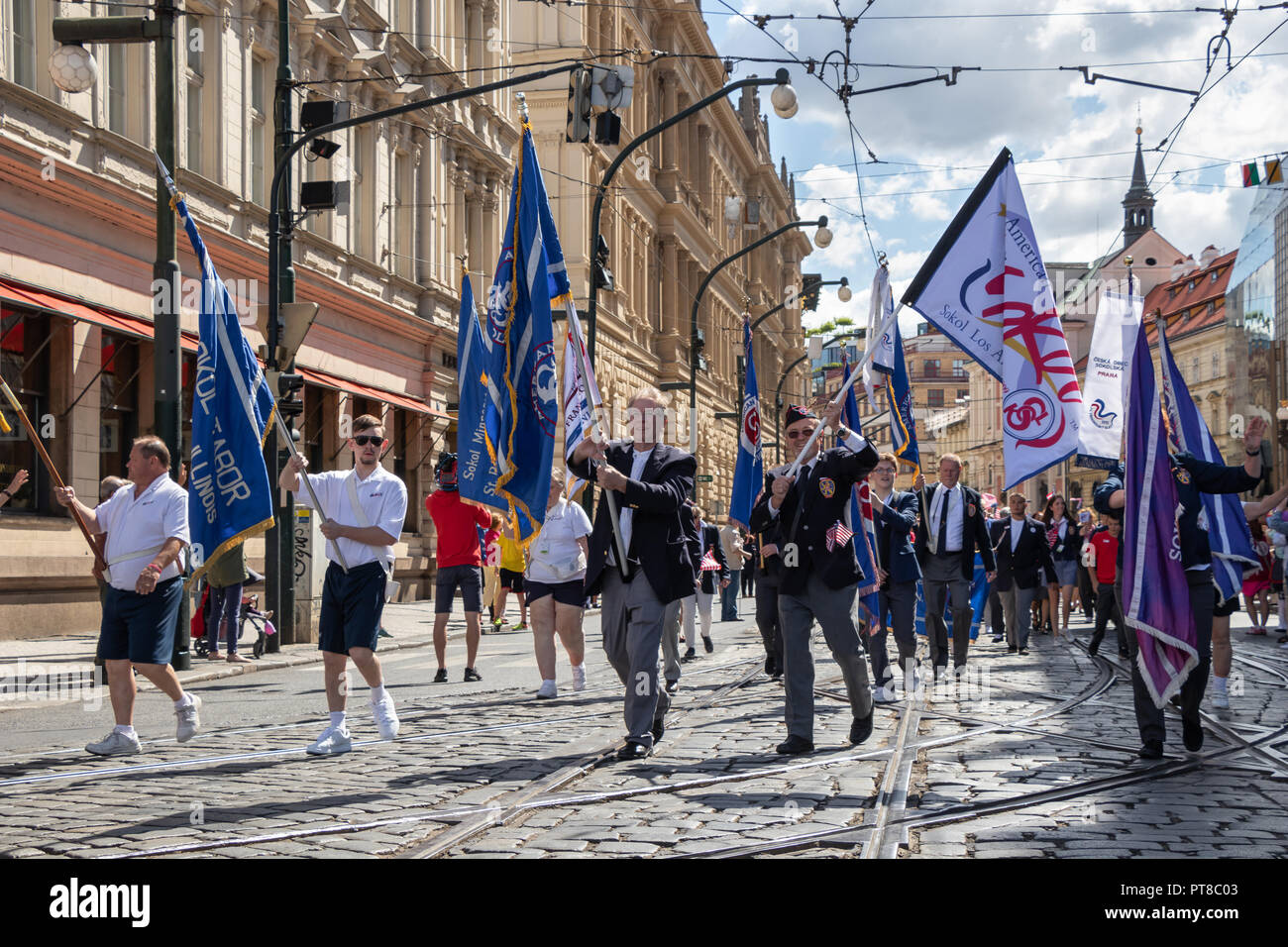 PRAGUE, CZECH REPUBLIC - JULY 1, 2018: American visitors parading at Sokolsky Slet, a once-every-six-years gathering of the Sokol movement - a Czech s Stock Photo