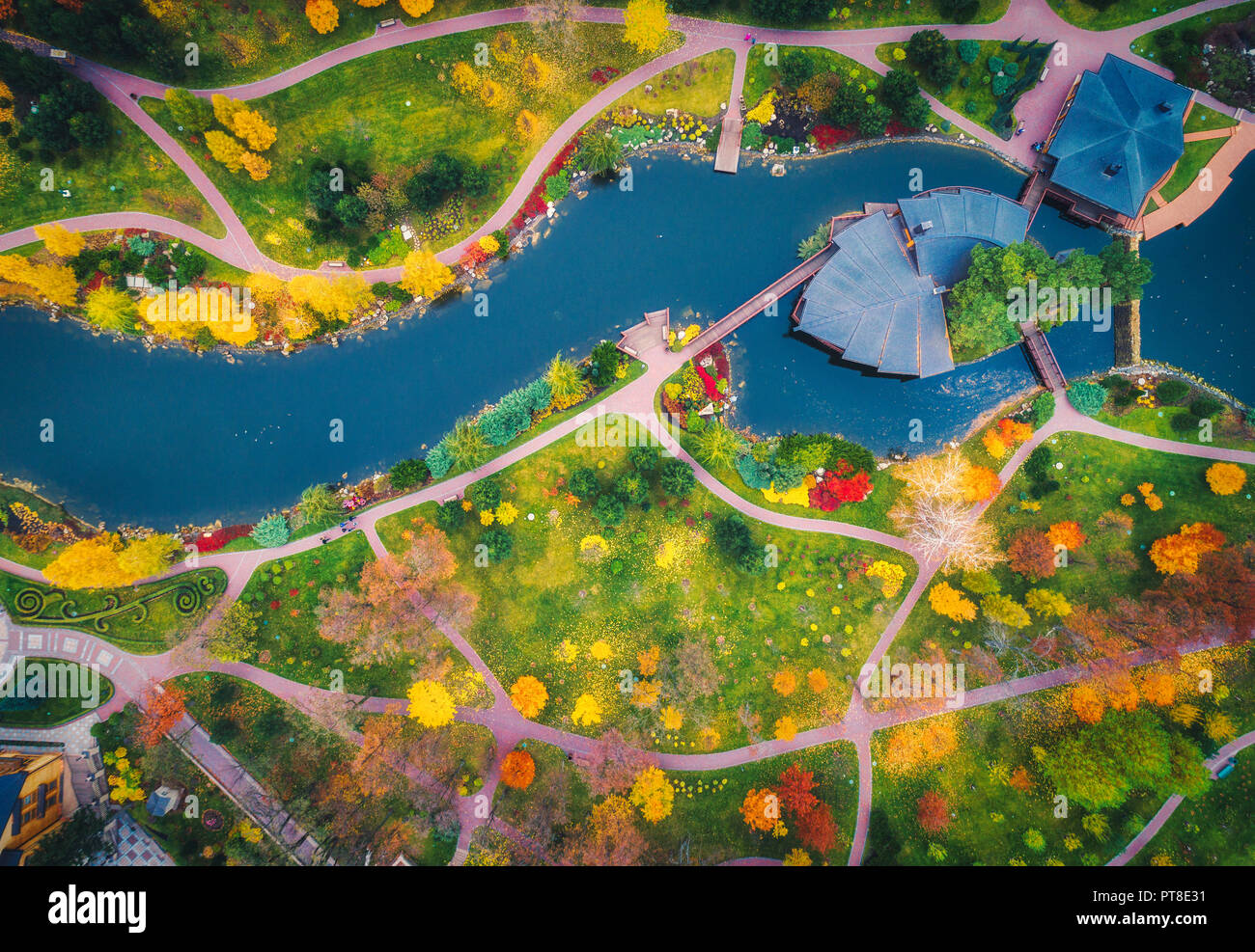 Aerial view of amazing autumn park with pond in europe at sunset. Landscape with trees with colorful leaves, buildings, field with green grass and pat Stock Photo