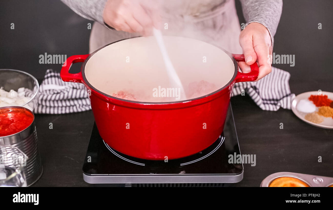 Step by step. Cooking turkey chili in enameled cast iron covered dutch