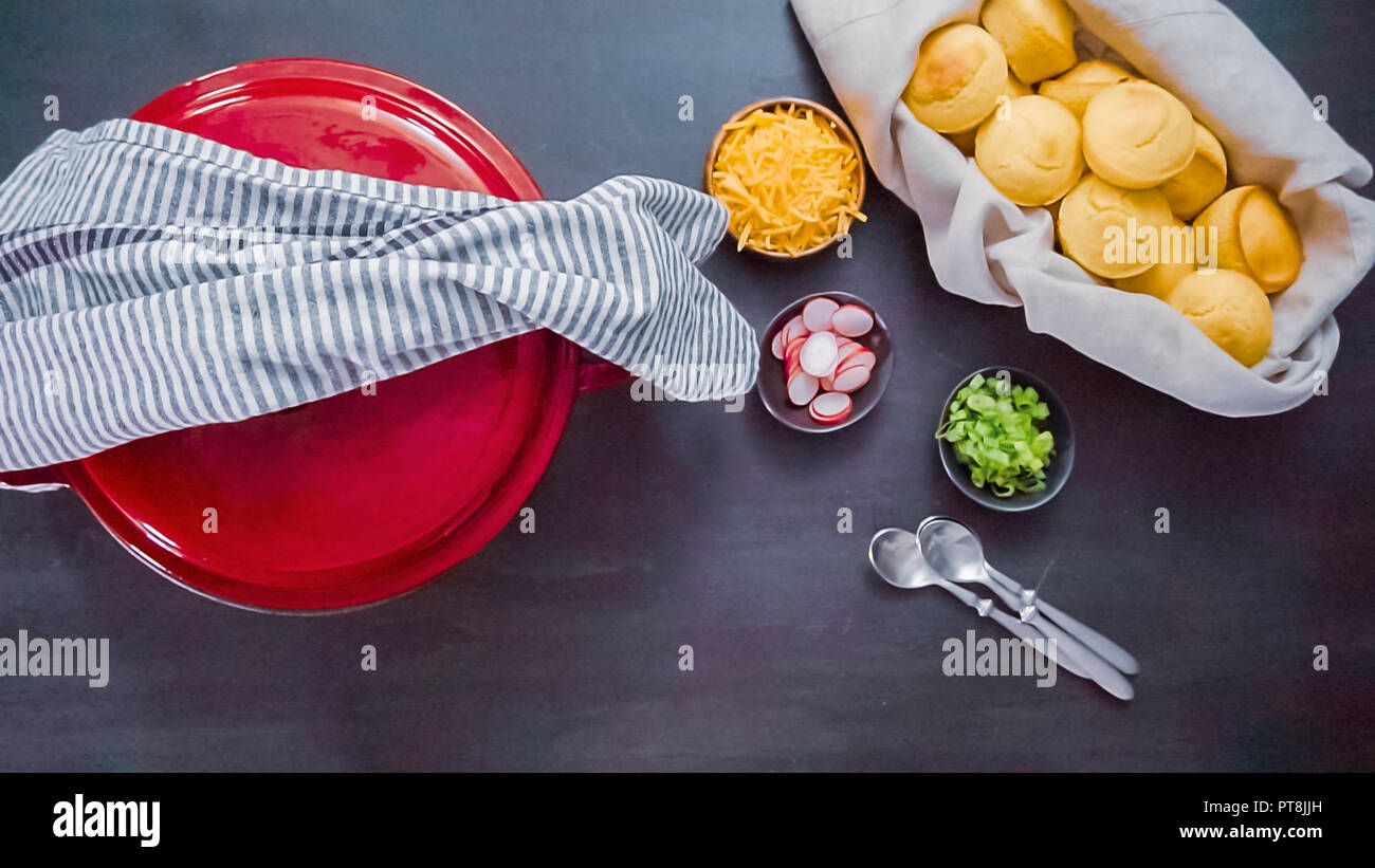 Step by step. Top view. Serving turkey chili from enameled cast iron
