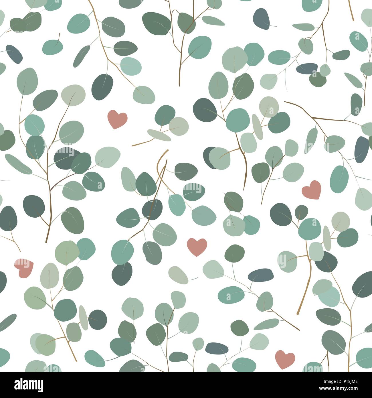 Elegant hand painted seamless pattern with eucalyptus branches and hearts. Vector illustration Stock Vector
