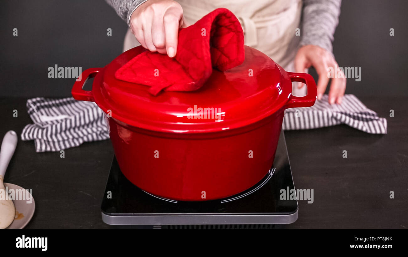 Step by step. Cooking turkey chili in enameled cast iron covered dutch
