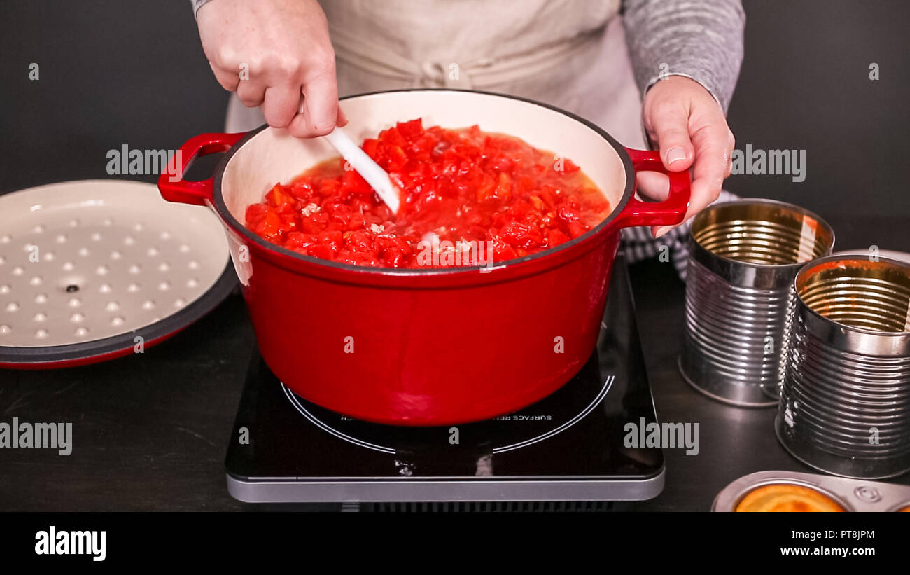 Step by step. Cooking turkey chili in enameled cast iron covered dutch