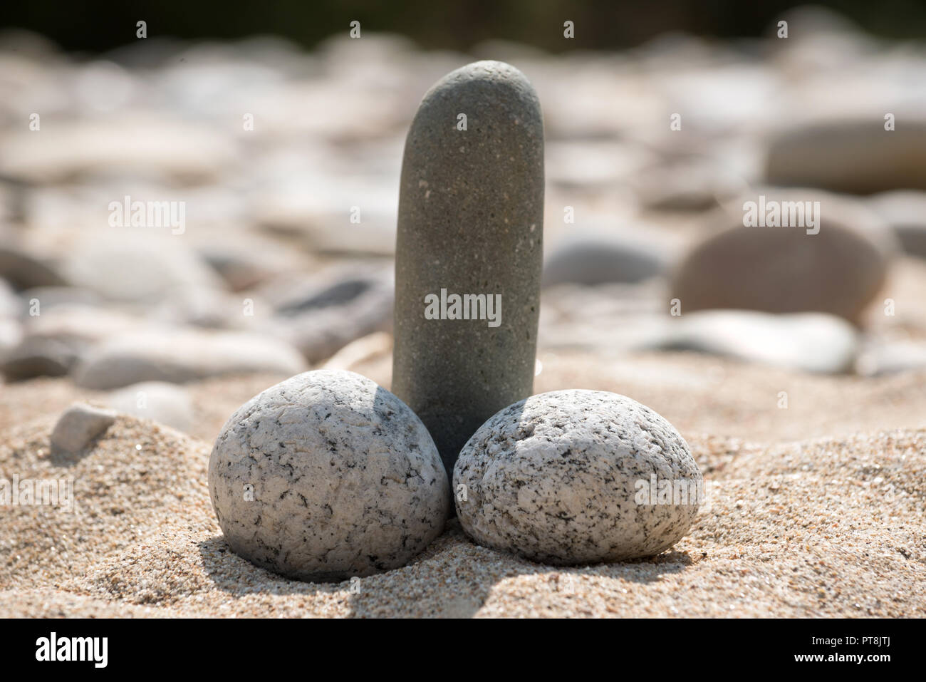 Humorous phalic-like rocks arrangement on a beach in Idaho. Stock Photo