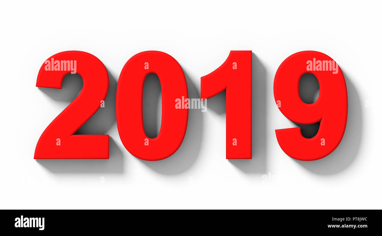 year 2019 red 3d numbers with shadow isolated on white - orthogonal projection - 3d rendering Stock Photo
