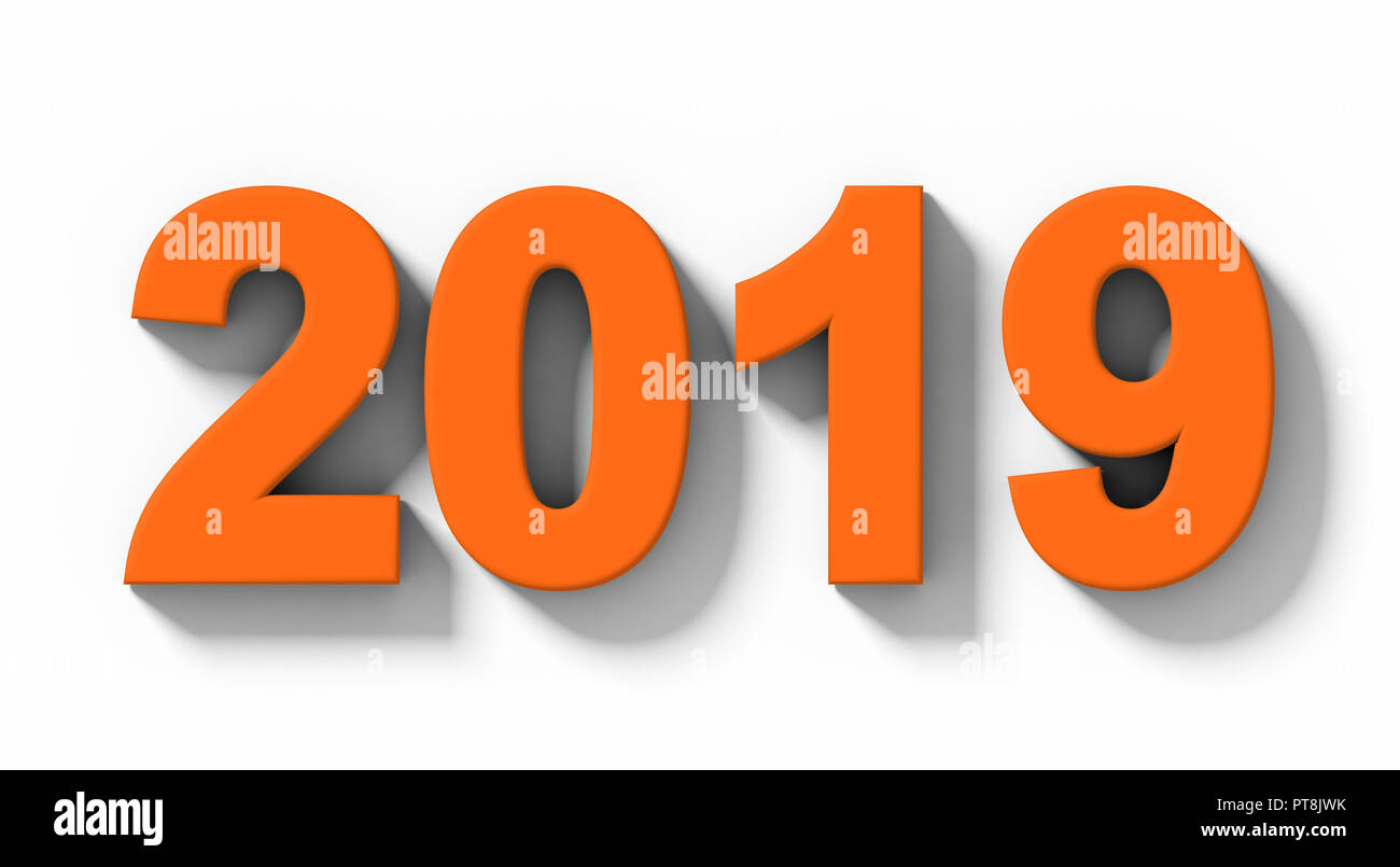 year 2019 orange 3d numbers with shadow isolated on white - orthogonal projection - 3d rendering Stock Photo