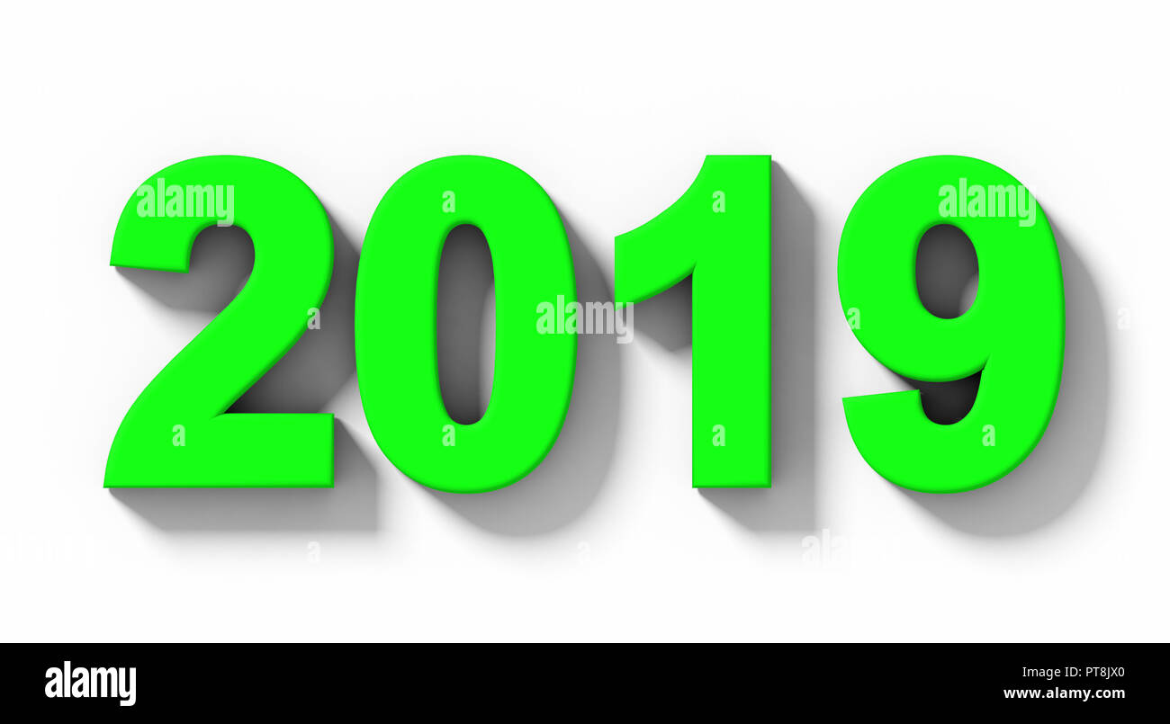 year 2019 green 3d numbers with shadow isolated on white - orthogonal projection - 3d rendering Stock Photo