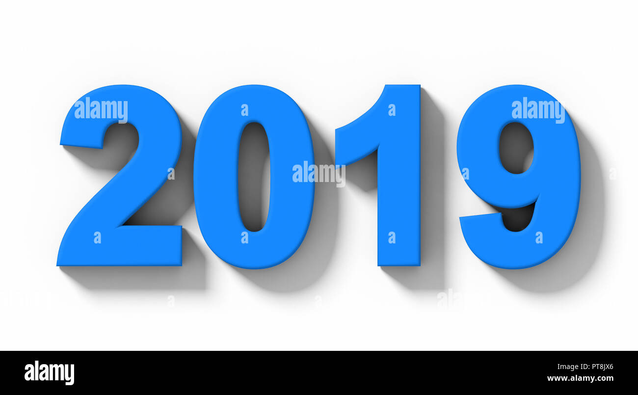 year 2019 blue 3d numbers with shadow isolated on white - orthogonal projection - 3d rendering Stock Photo