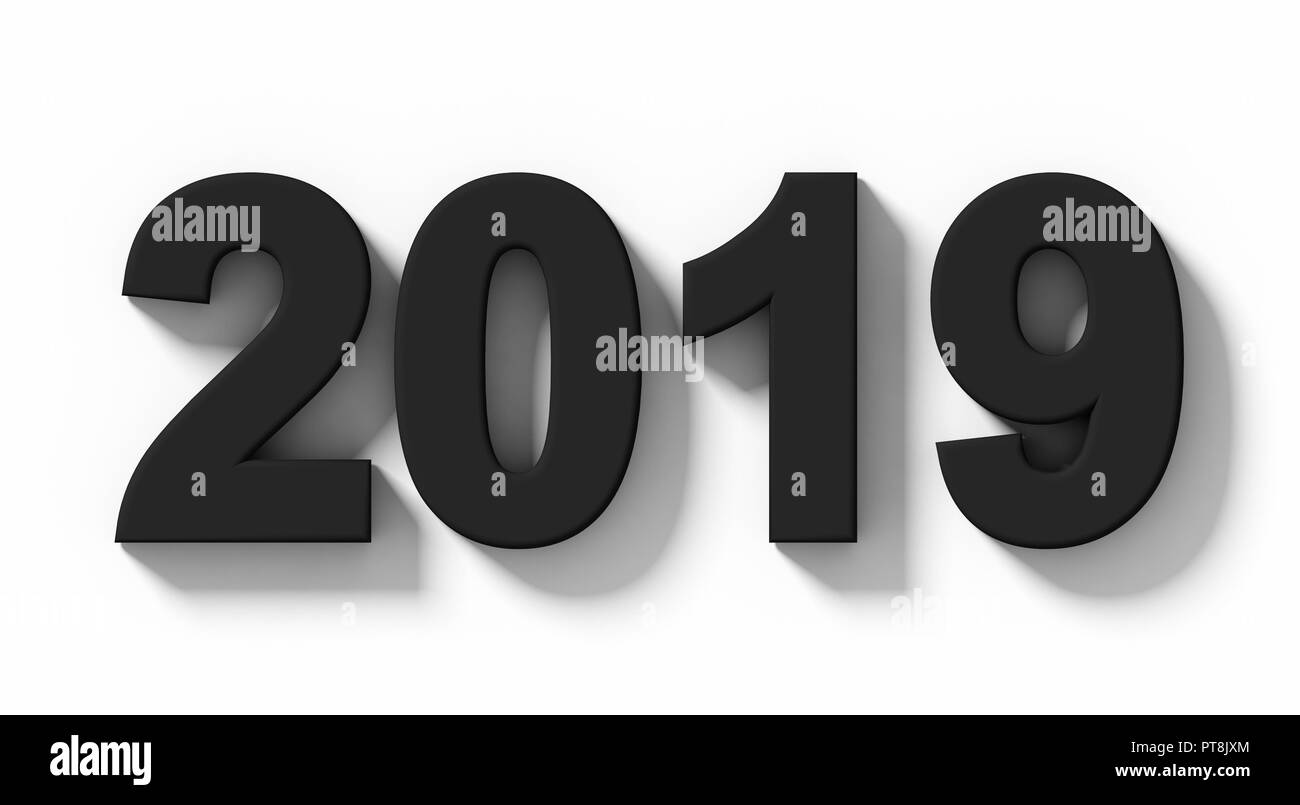 year 2019 black 3d numbers with shadow isolated on white - orthogonal projection - 3d rendering Stock Photo