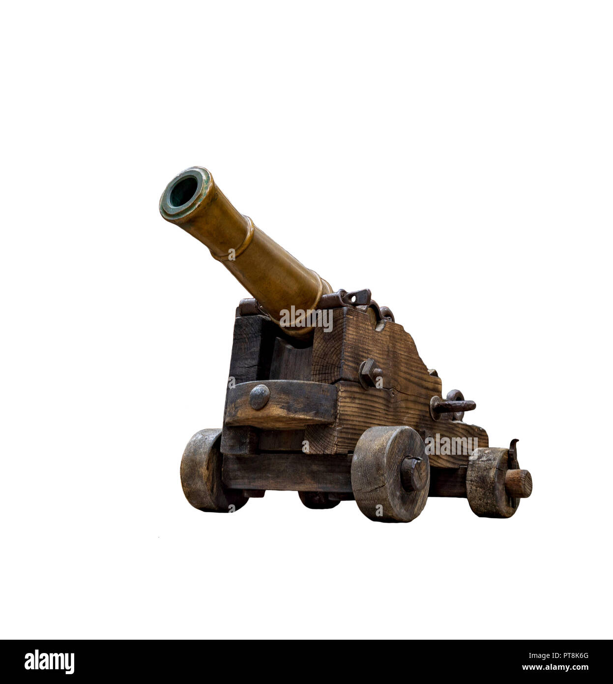 Ancient wheeled cast iron cannon isolated on white background Stock ...