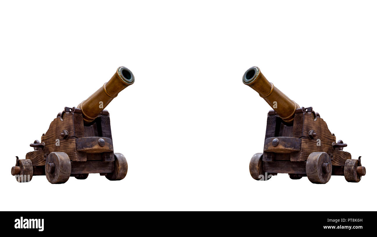 Ancient wheeled cast iron cannon isolated on white background Stock ...