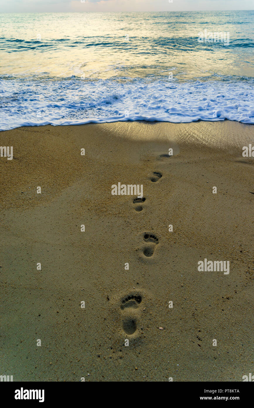 Beach Travel Woman Relaxing Walking On Sand Beach Leaving Footprints In The Sand Closeup