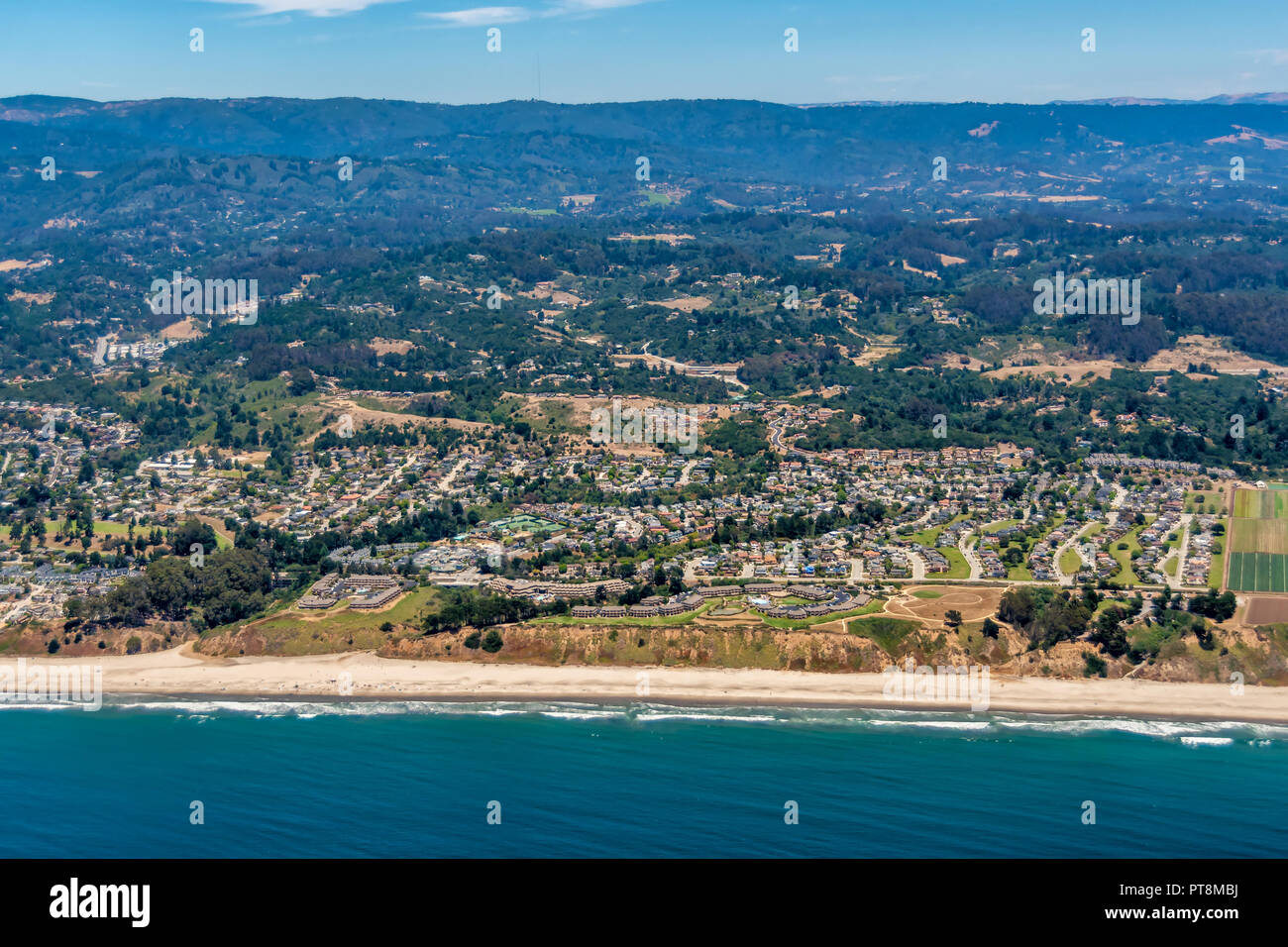 The aerial view of California coast with the city of Aptos, close to the city of Santa Cruz