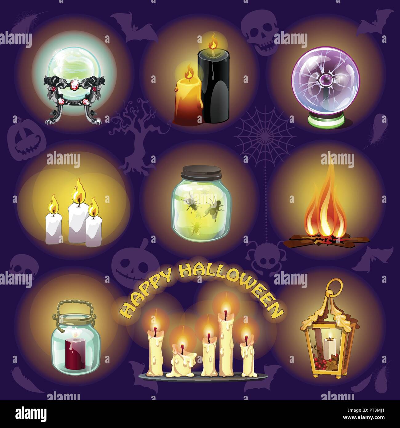 The set of objects for witchcraft and spiritualistic seances on purple background. A poster on the theme of the holiday of evil spirit Halloween. Vector cartoon close-up illustration. Stock Vector