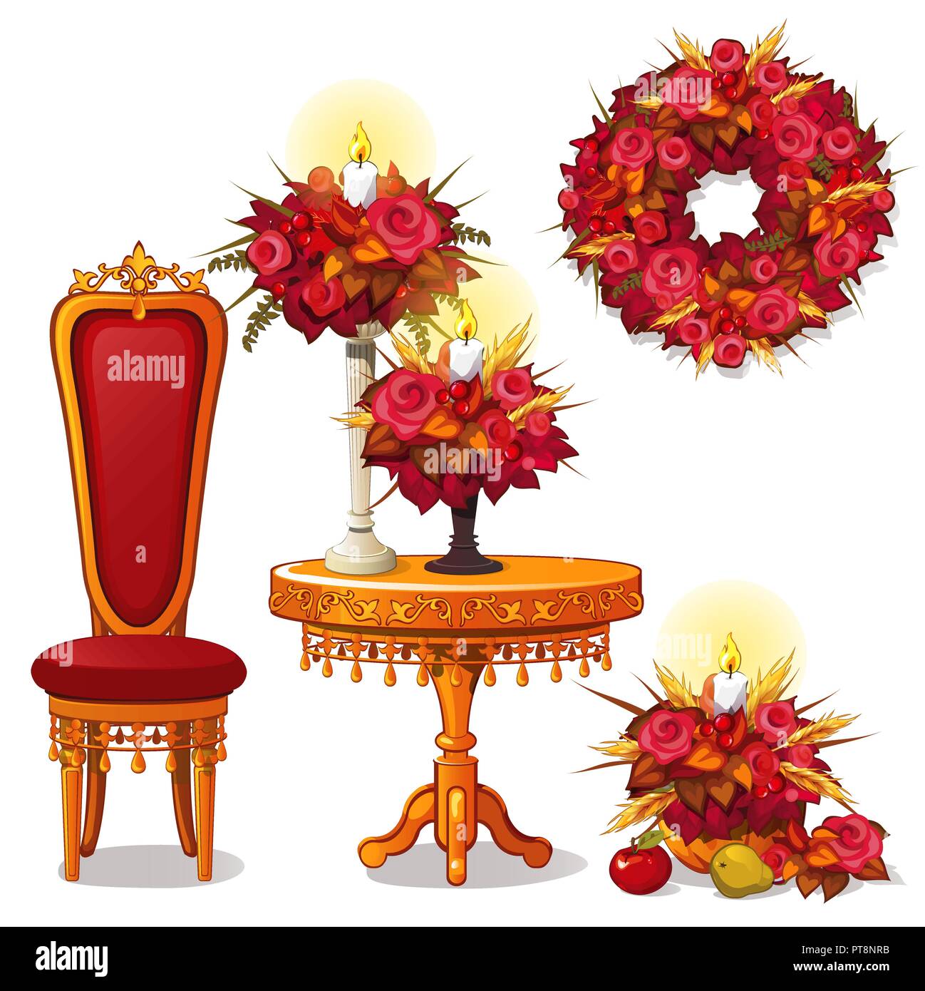 Set Of Vintage Wooden Furniture And Decor On Theme Of Autumn