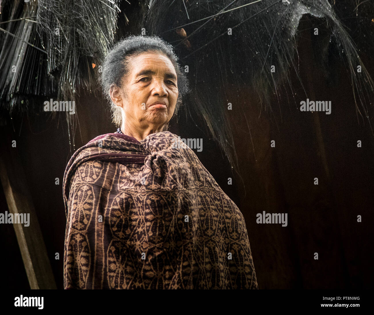 A woman in traditional ikat dress stands in front of a thatched hut in the village of Wologai, Flores, Indonesia. At around 800 years old, Wologai is regarded as one of the oldest villages of the Lio people in the Ende region. Stock Photo