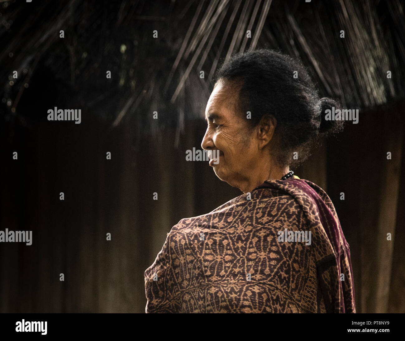 Profile portrait of a woman in a patterned ikat cloth in front of a thatched roof in the village of Wologai, Flores, Indonesia. Stock Photo