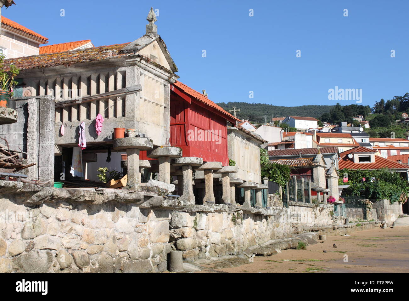 Horreos, traditional galician granary in the fishing village of Combarro. Galicia, Spain Stock Photo