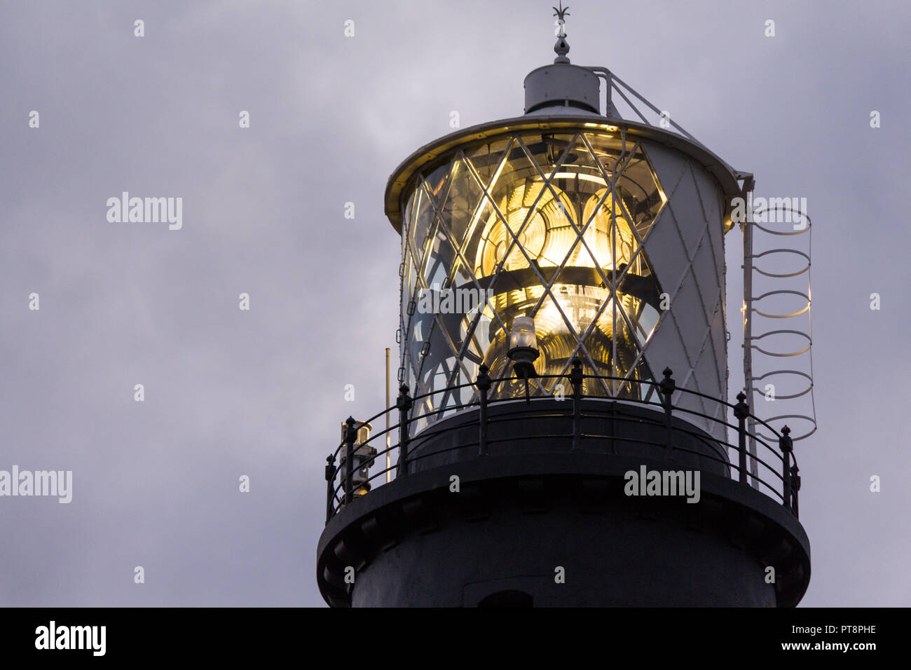 Close up of lighthouse shining light at St Johns Point, County Down, N.Ireland. Stock Photo