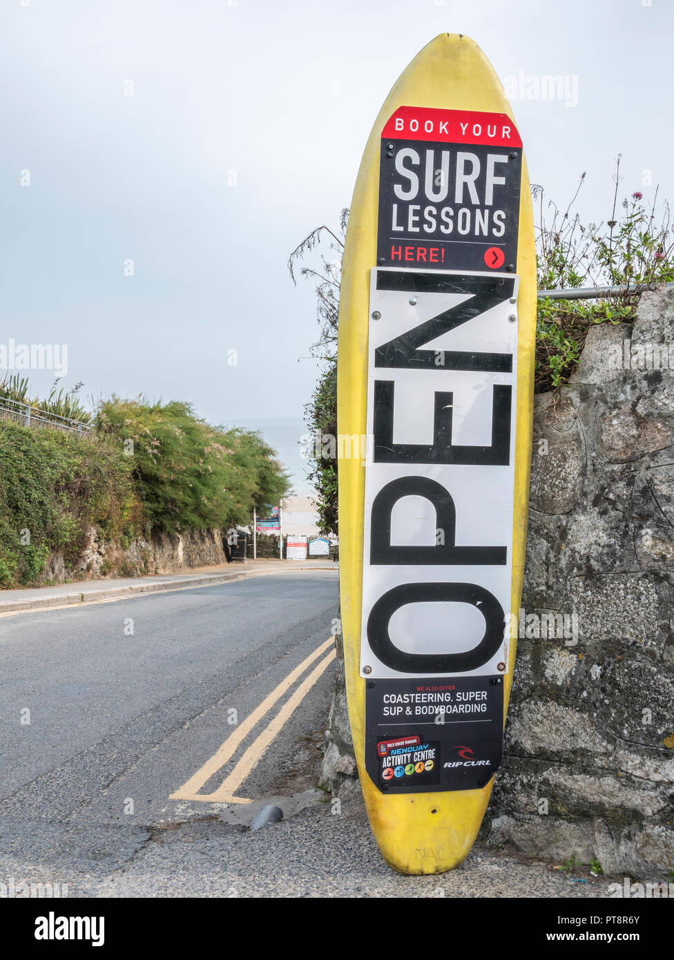 Surfing school signage, Newquay - home of Boardmasters Festival. Stock Photo