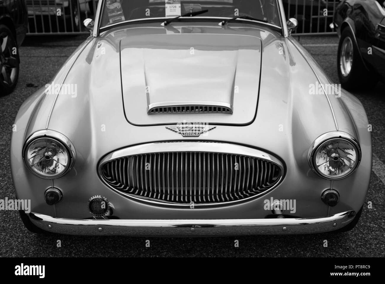 Silver Austin Healey 3000 Mk3 on display at the Ocean City Convention Center, Ocean City, Maryland, USA. Stock Photo