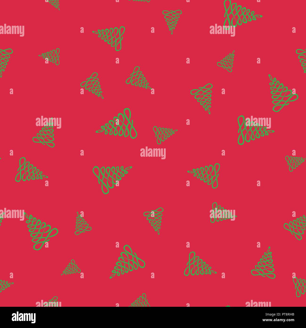 Green Christmas tree seamless pattern. Red background. Vector ...