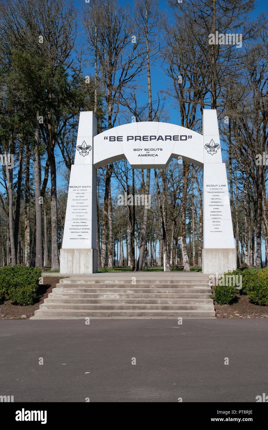 Gateway at the Boys Scouts campground.  Evergreen Aviation & Space Museum. Mcminnville, Oregon Stock Photo