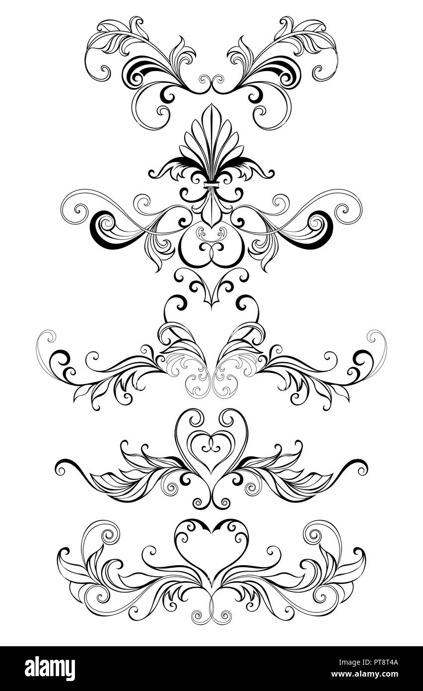 Set of contour, black, patterned, isolated frame scroll on white background. Stock Vector