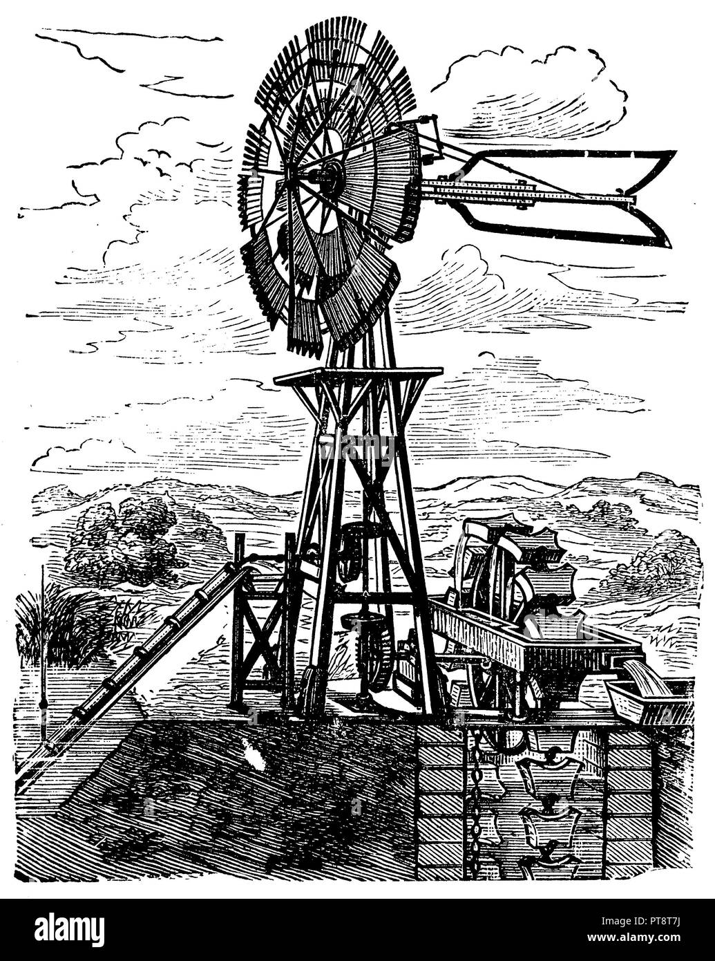 Pumping station with wind engine operation, 1900 Stock Photo Alamy