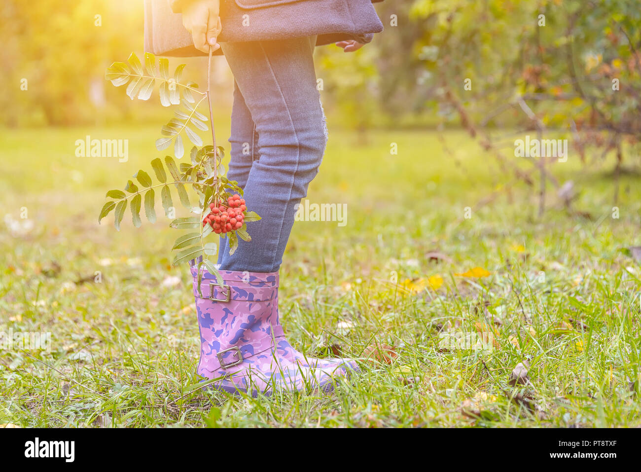 children's feet in rubber boots on yellowed dry grass in autumn Stock ...