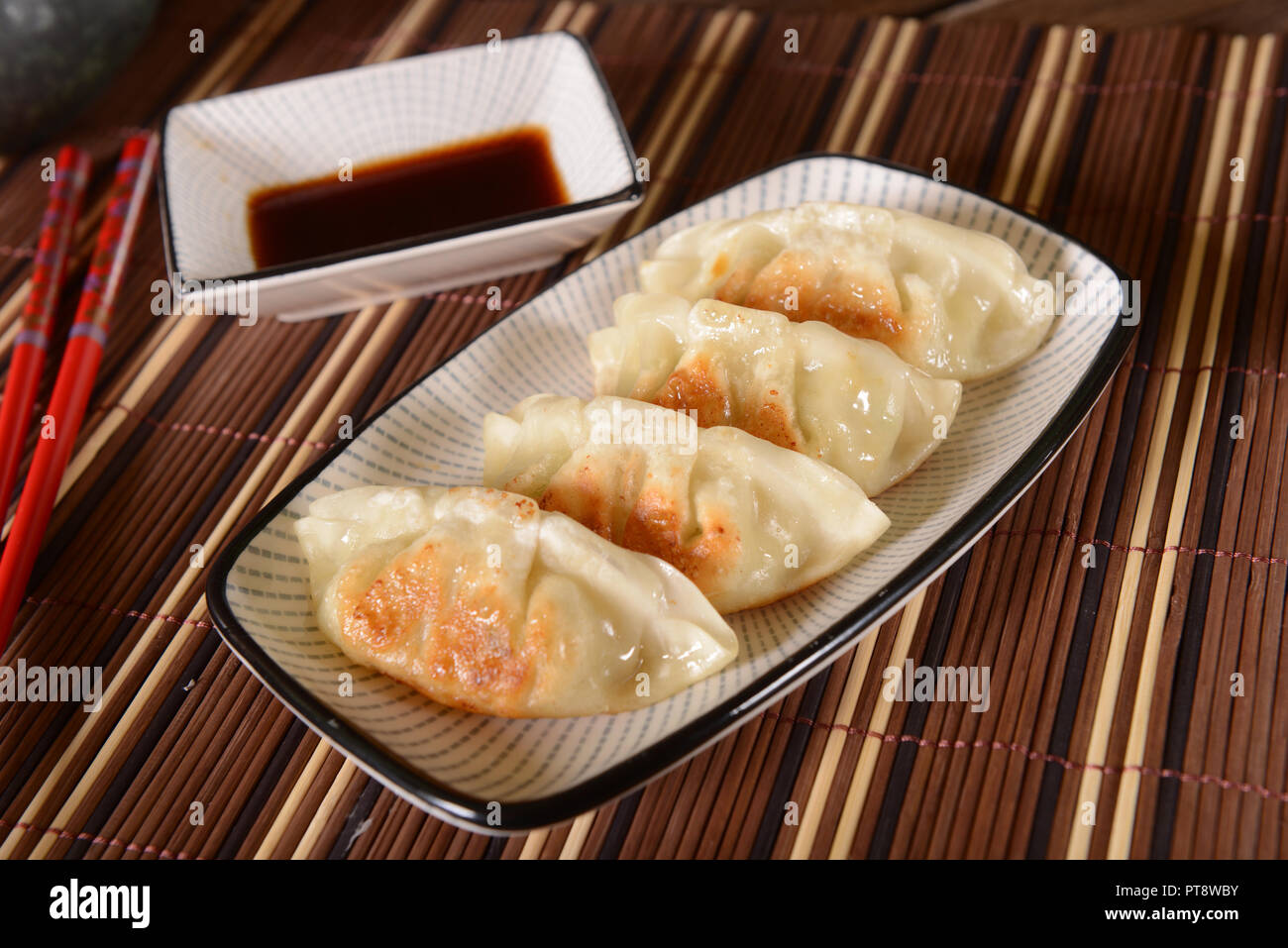 Japanese gyoza dumplings Stock Photo. 