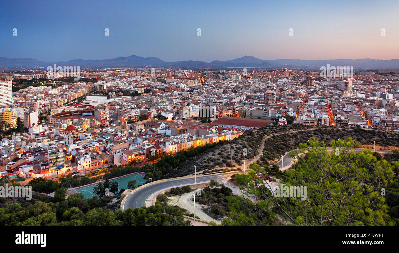 Skyline of Alicante at night in Spain. Stock Photo