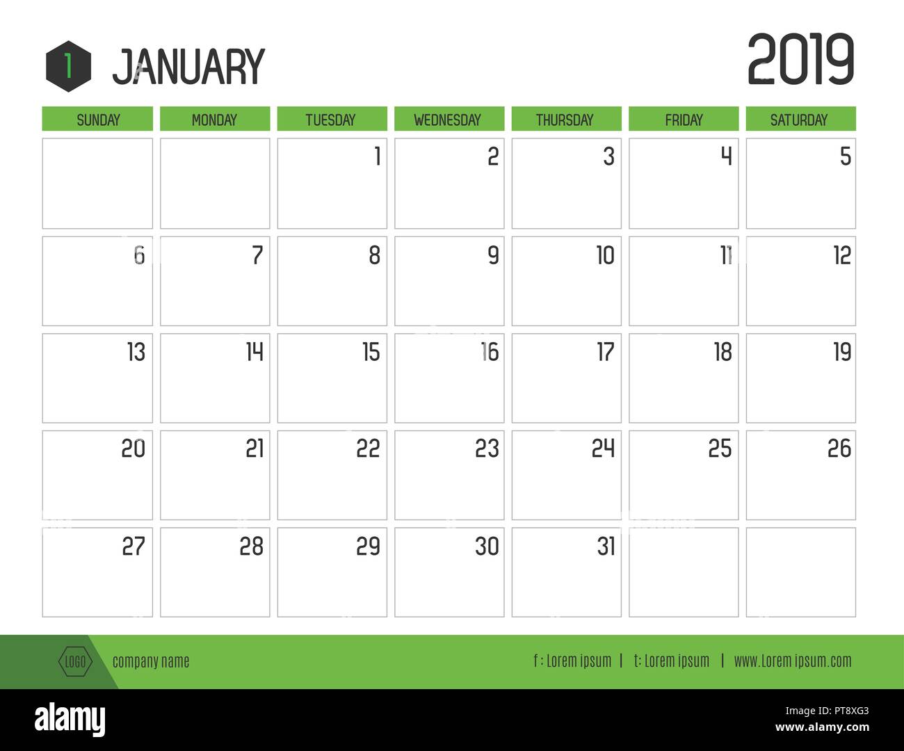 vector-of-modern-green-calendar-2019-january-in-simple-clean-table