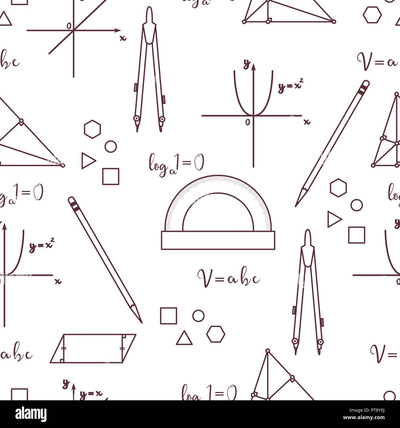 Mathematical scientific vector seamless pattern with geometry plots, tools and formulas. Education elements. Compasses, protractor, pencil, graphics,  Stock Vector