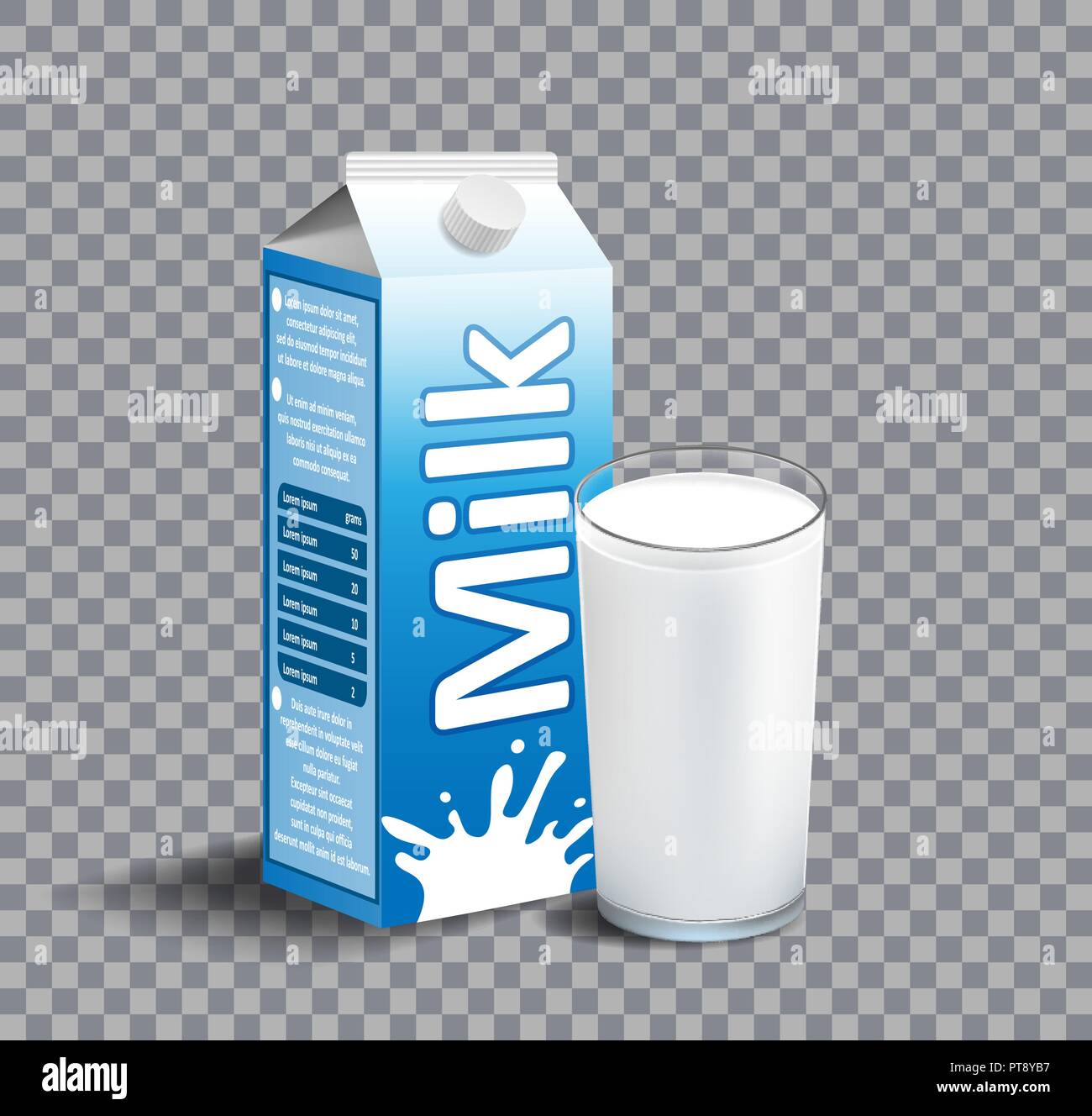 Carton package of milk isolated on transparent background. realistic Glass of milk. Dairy product for branding. vector illustration Stock Vector