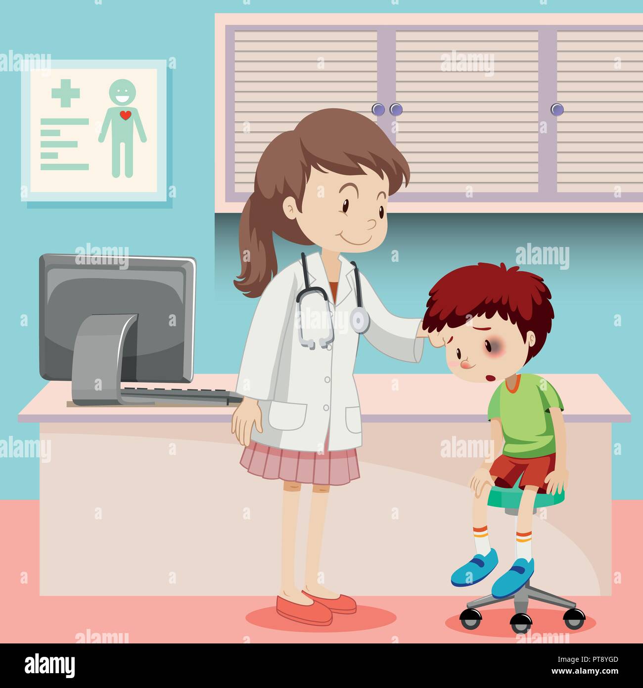 Doctor helping boy with bruise illustration Stock Vector