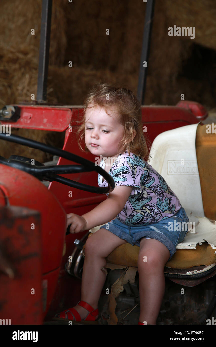 Toddler playing on a tractor Stock Photo Alamy