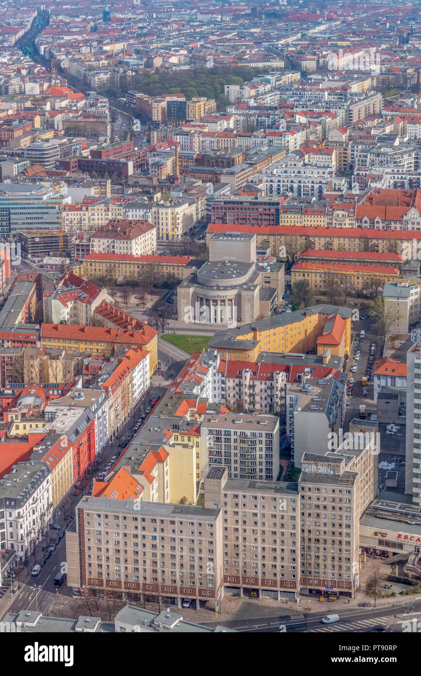 The view from the Fernsehturm, or TV Tower, in Berlin looking towards the east of the city. Stock Photo