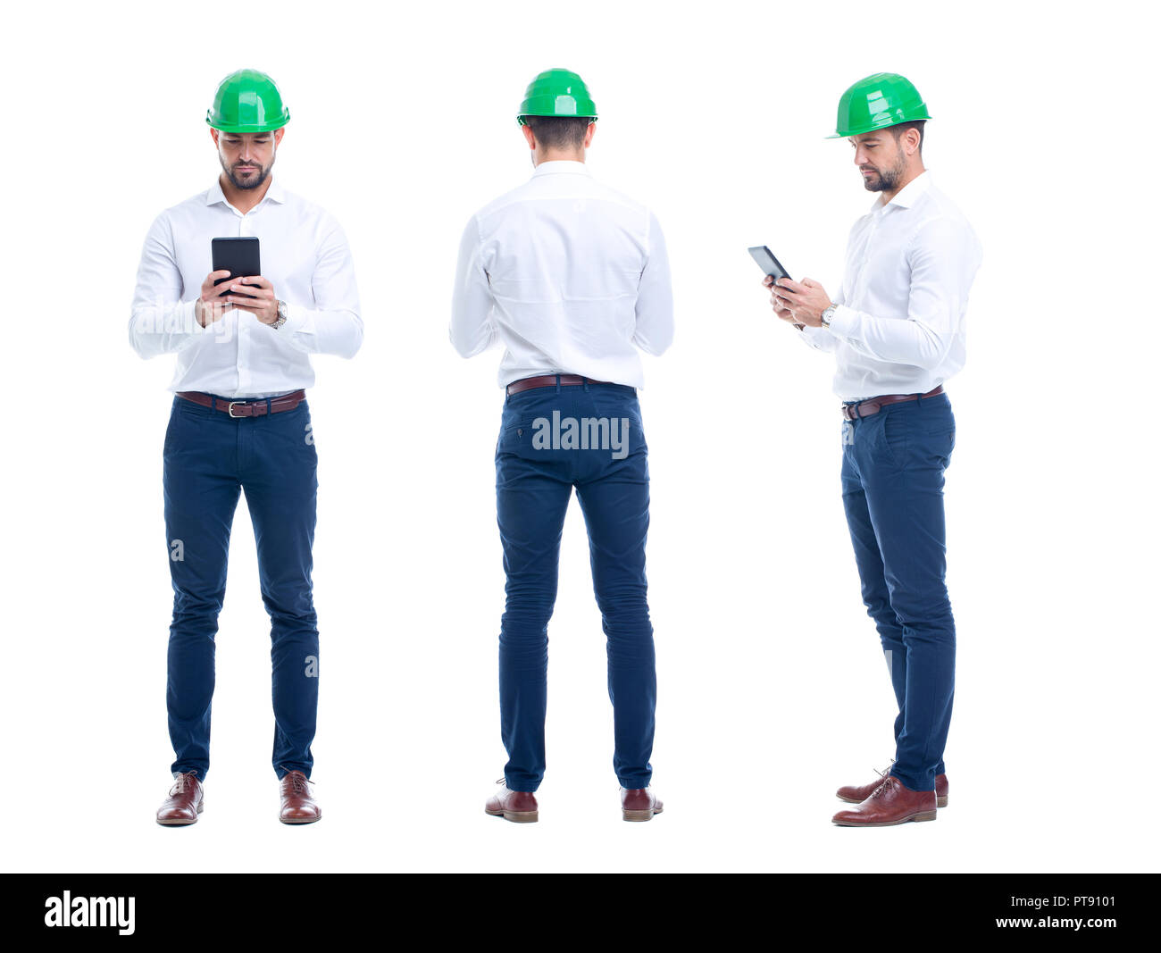 Young engineer checking processes on tablet, isolated on white Stock Photo